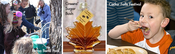 Maple syrup festivals at Botna Bend Park, Cedar Falls' Hartman Reserve and Greens' Sugar Bush in Castalia.