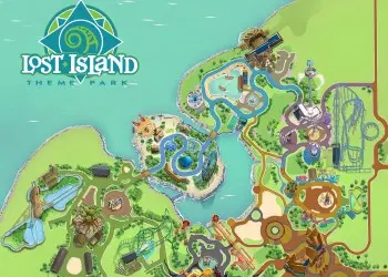 A graphical map showing the layout of Lost Island Theme Park