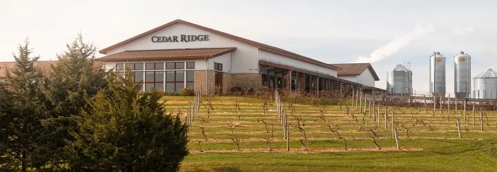 Cedar Ridge Winery's large white building looms behind a harvested vineyard.