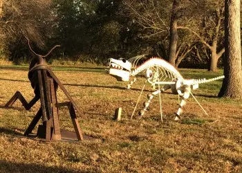 Two sculptures made of recycled metal resemble one black and one white skeletal dinosaur.