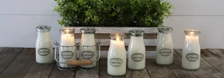 A collection of tall, white candles stand before a green decorative shrub.