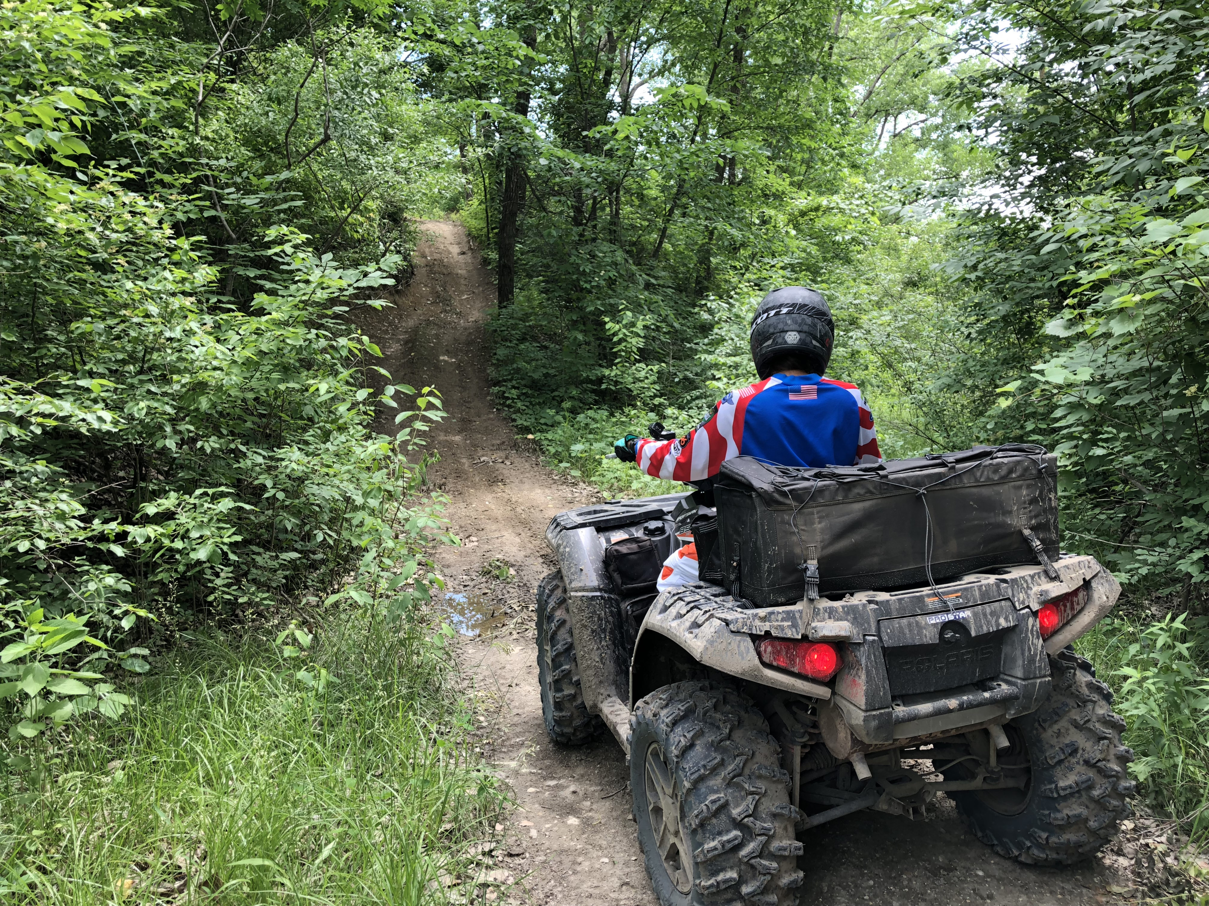 A rider on a four-wheeler traverses up a dirt hill on a forested trail. 
