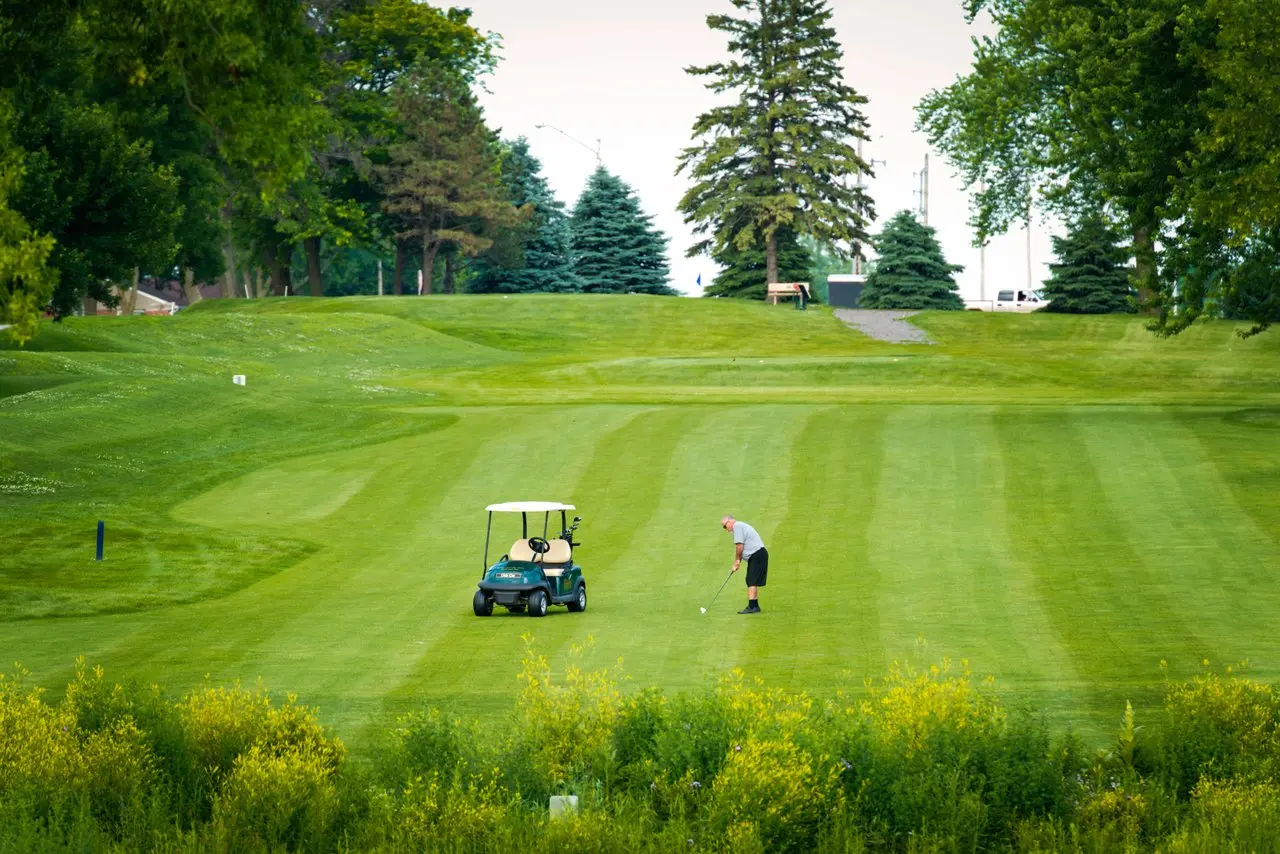 A golfer takes a putt from beside his golf cart on the green.