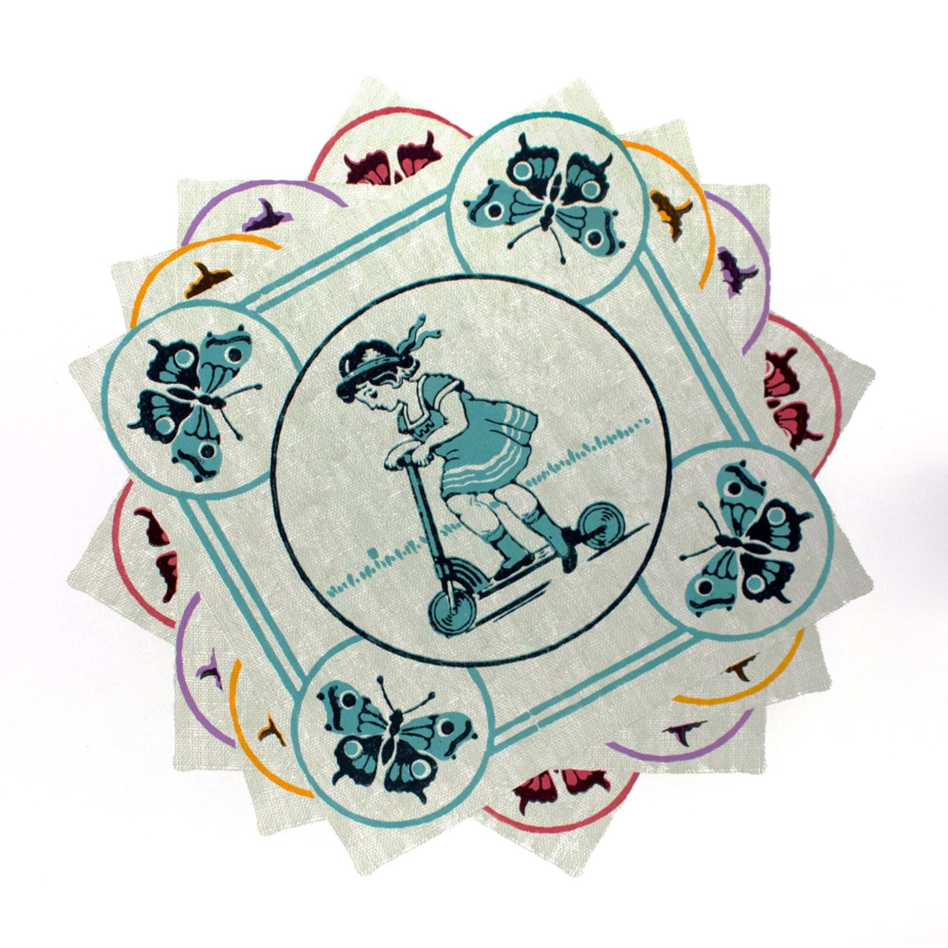 Girl on a scooter fabric square