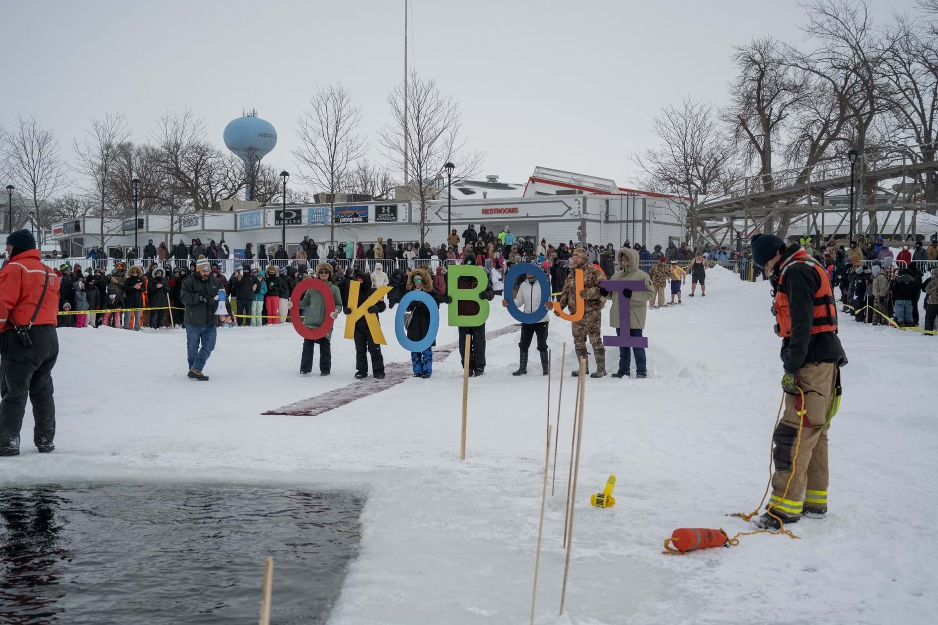 Cheerleaders at the University of Okoboji Winter Games Polar Plunge.