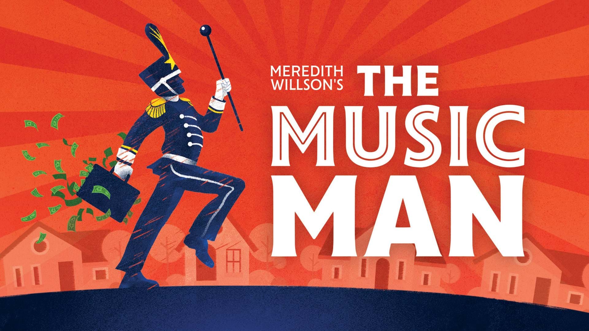 An animated person dressed in a marching band costume marching holding a travel bag with money falling out. Text reads The Music Man