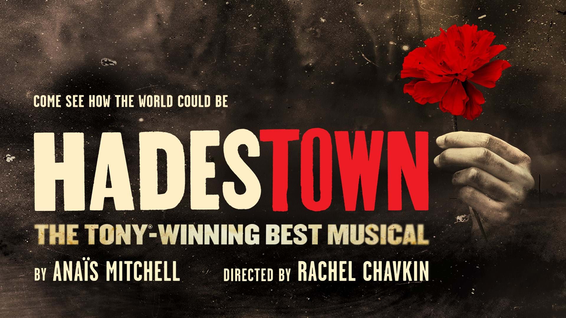 A hand holding a rose. Text reads: HADESTOWN