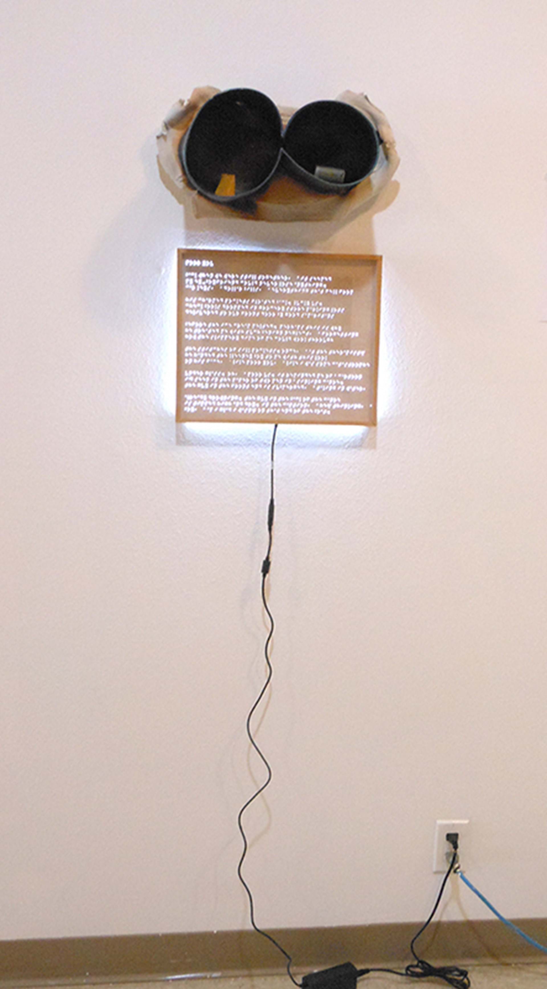Ingrid Lilligren, Poor You, 2016. Porcelain, Braille, LEDs, wood, 30" x 26" x 10". Poem by Debra Marquart.