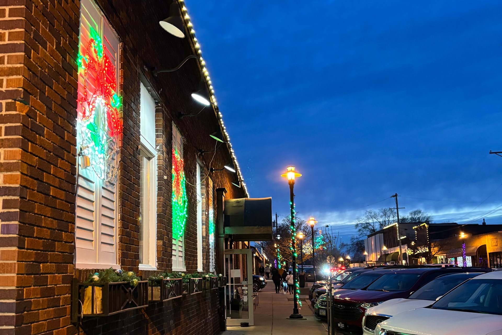 Porch Light Coffeehouse Looking Festive with animated light displays on the building