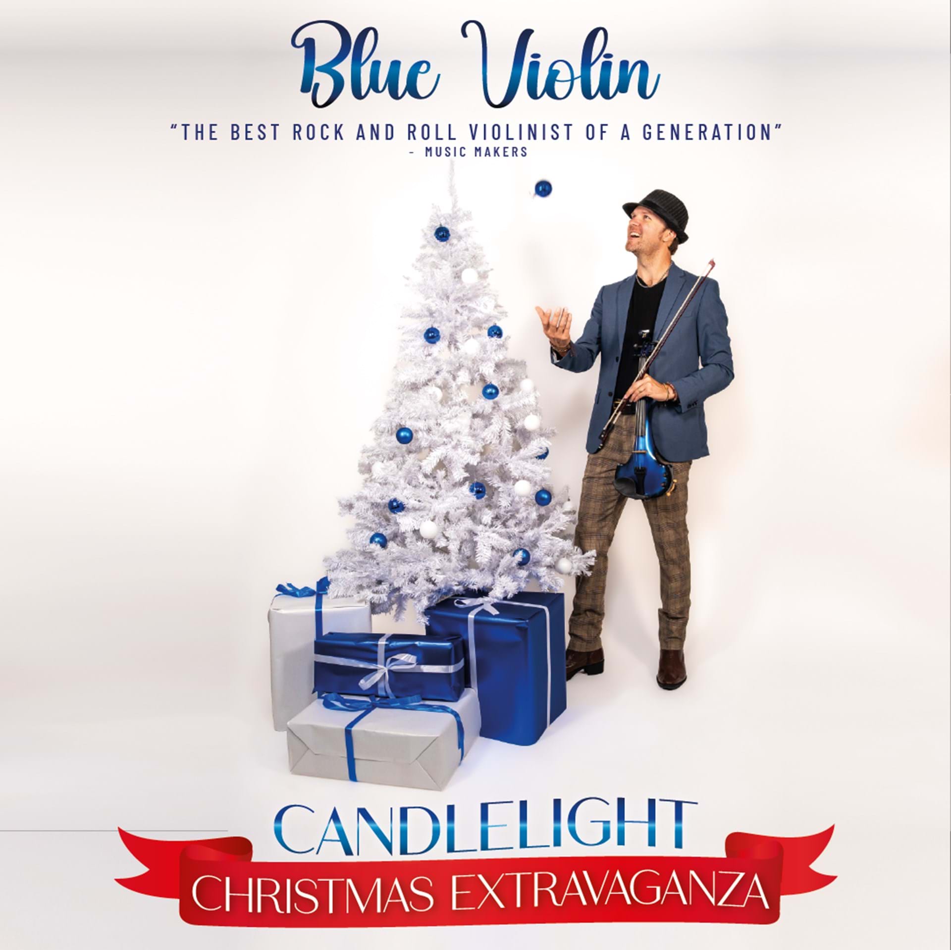 blue violin with christmas tree