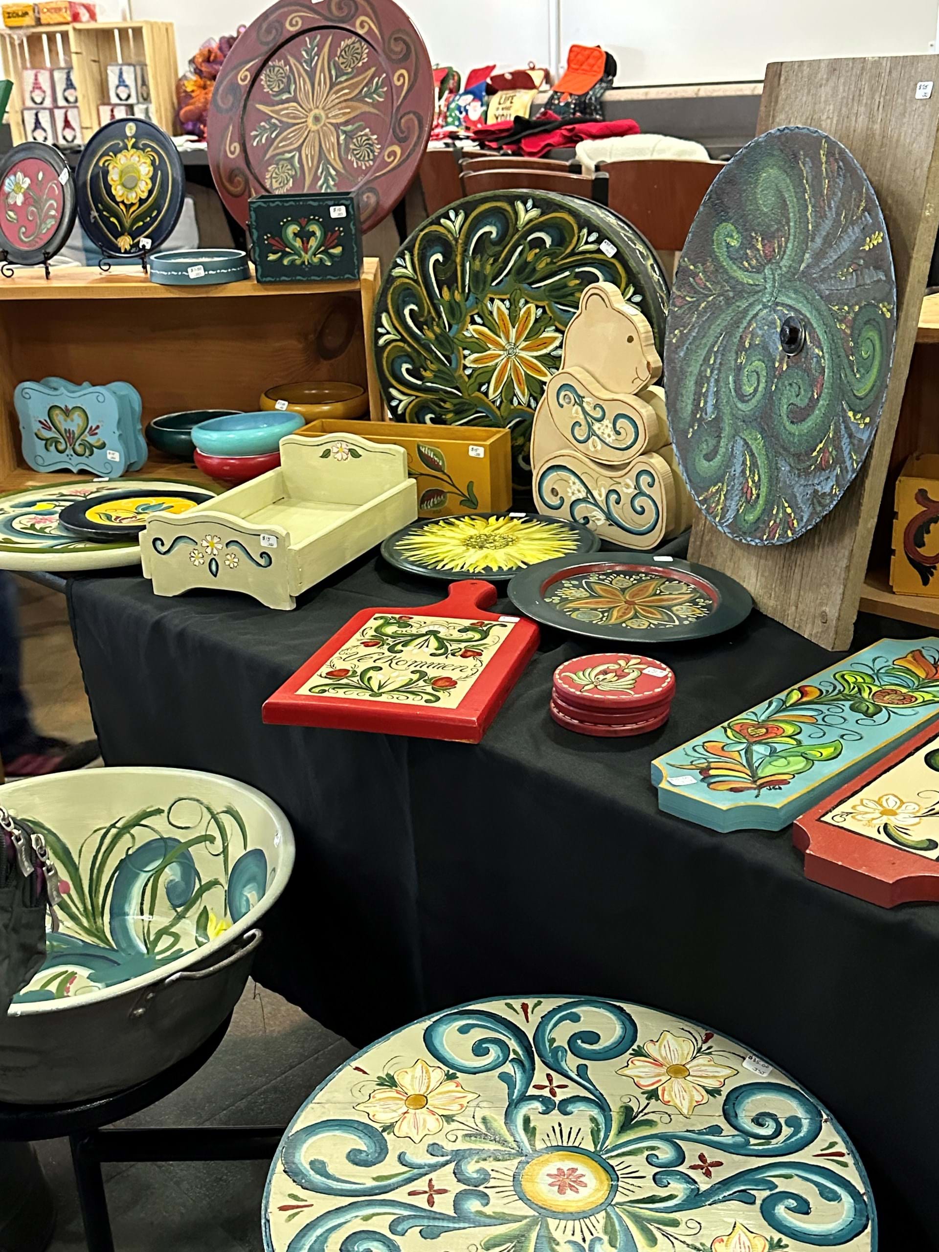Arts for sale including traditional Scandianvian arts such as rosemaling