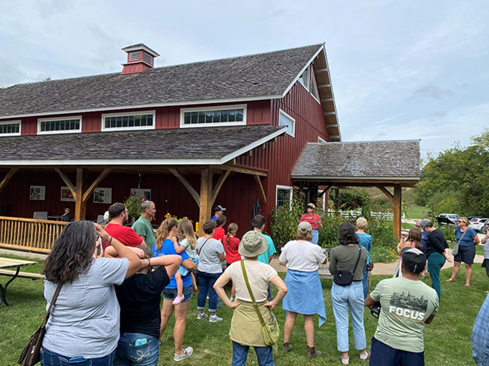 Tour group outside of the Lillian Goldman Visitors Center