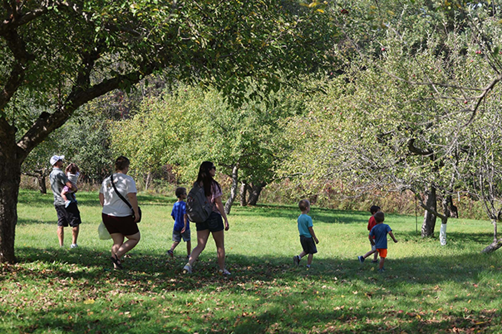 A family enjoys the Historic Orchard at Heritage Farm