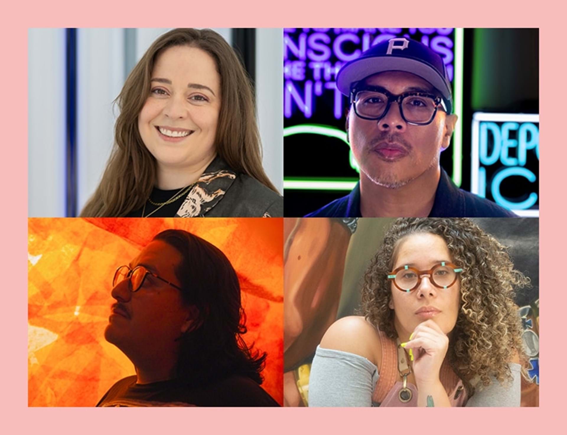 Image (left to right): Andrea Alvarez, curator of the exhibition, Patrick Martinez (artist), Justin Favela (artist), and Danielle De Jesus (artist).