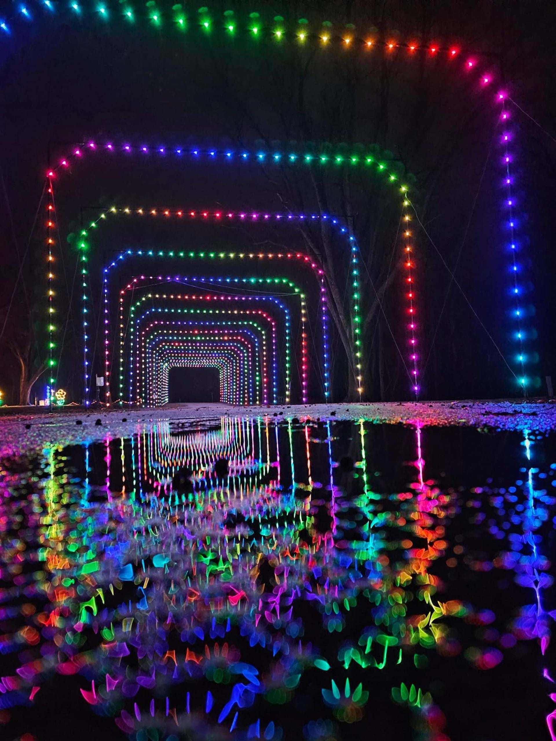 The tunnel of lights boasts 200 ft of colorful RGB lights that flash through different colors and programs