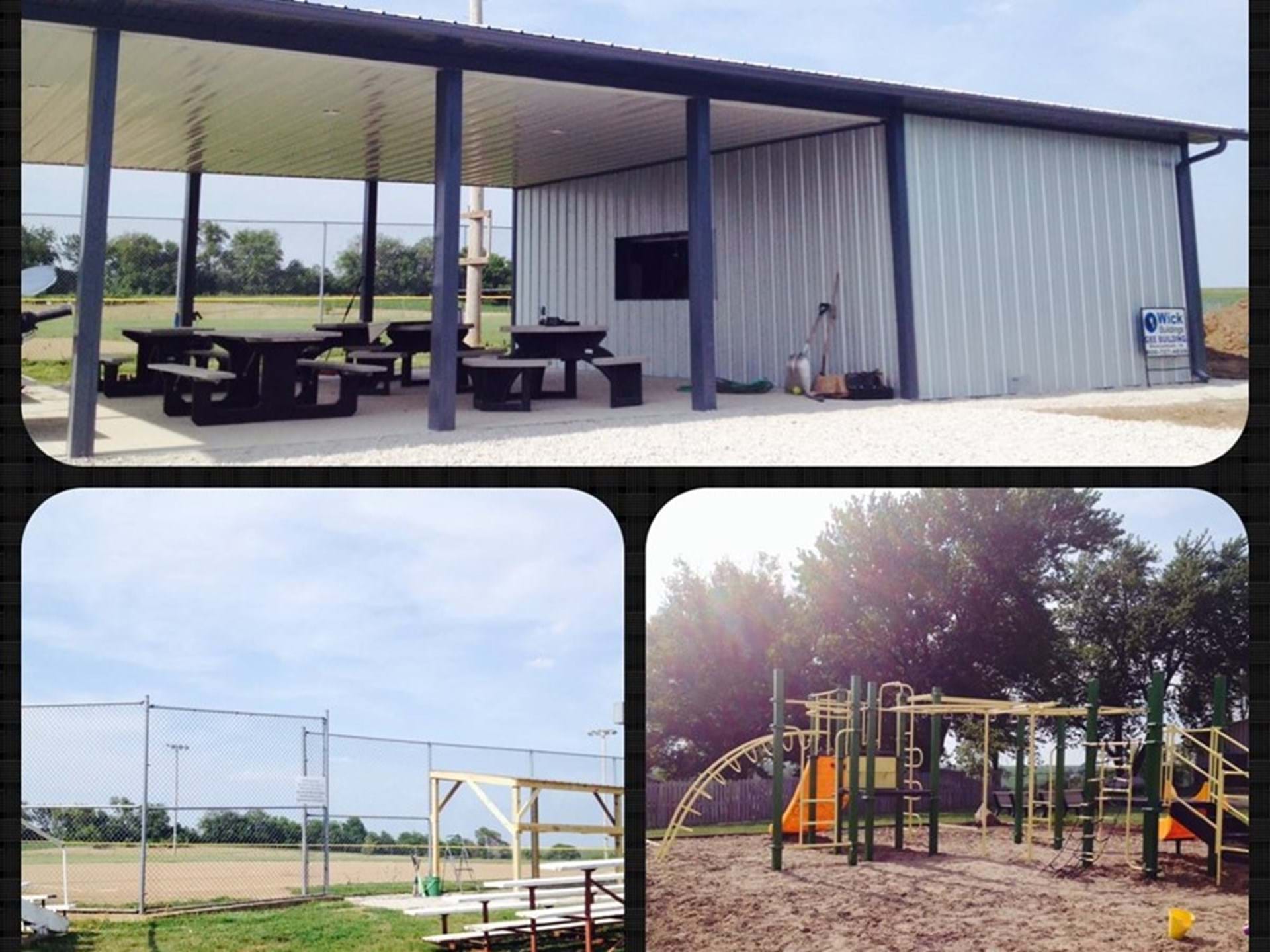 Concessions, covered eating area, playground, and softball field for a family friendly time in Imogene, IA.