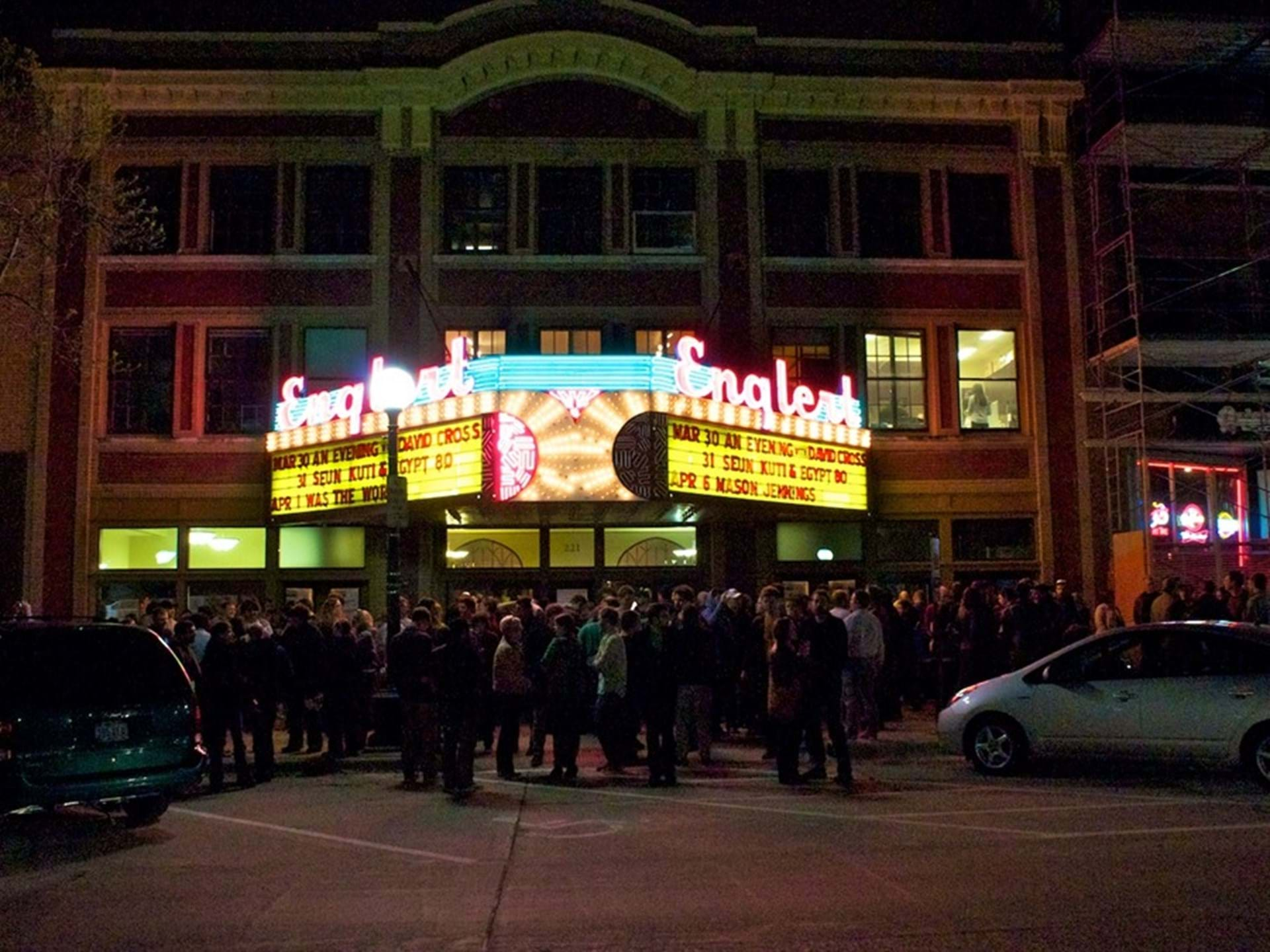 Patrons gather under the marquee to see comedian David Cross at Mission Creek Festival 2012