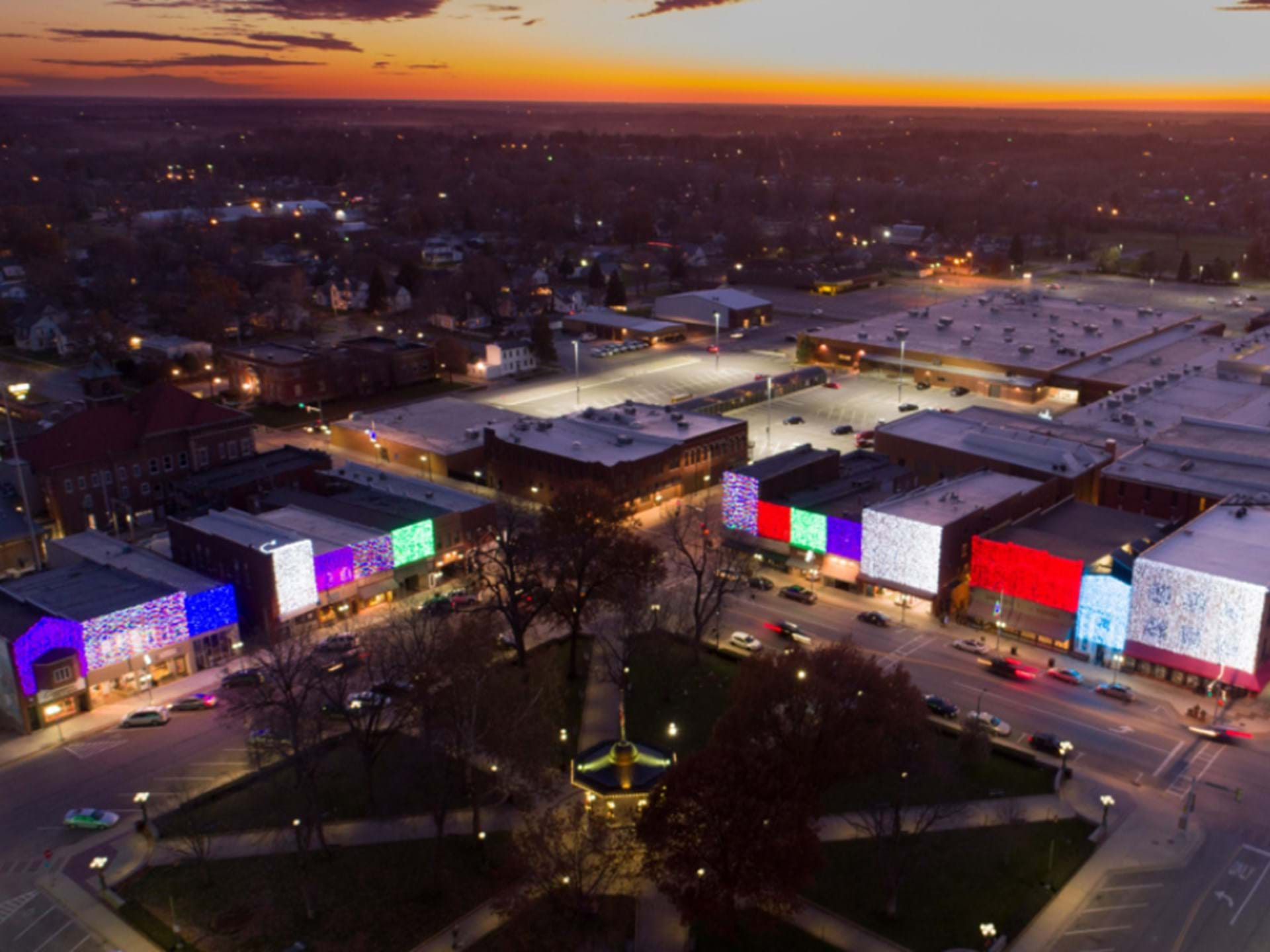 Aerial View of Downtown Oskaloosa during Painting with Lights (Late Nov - Early Jan)