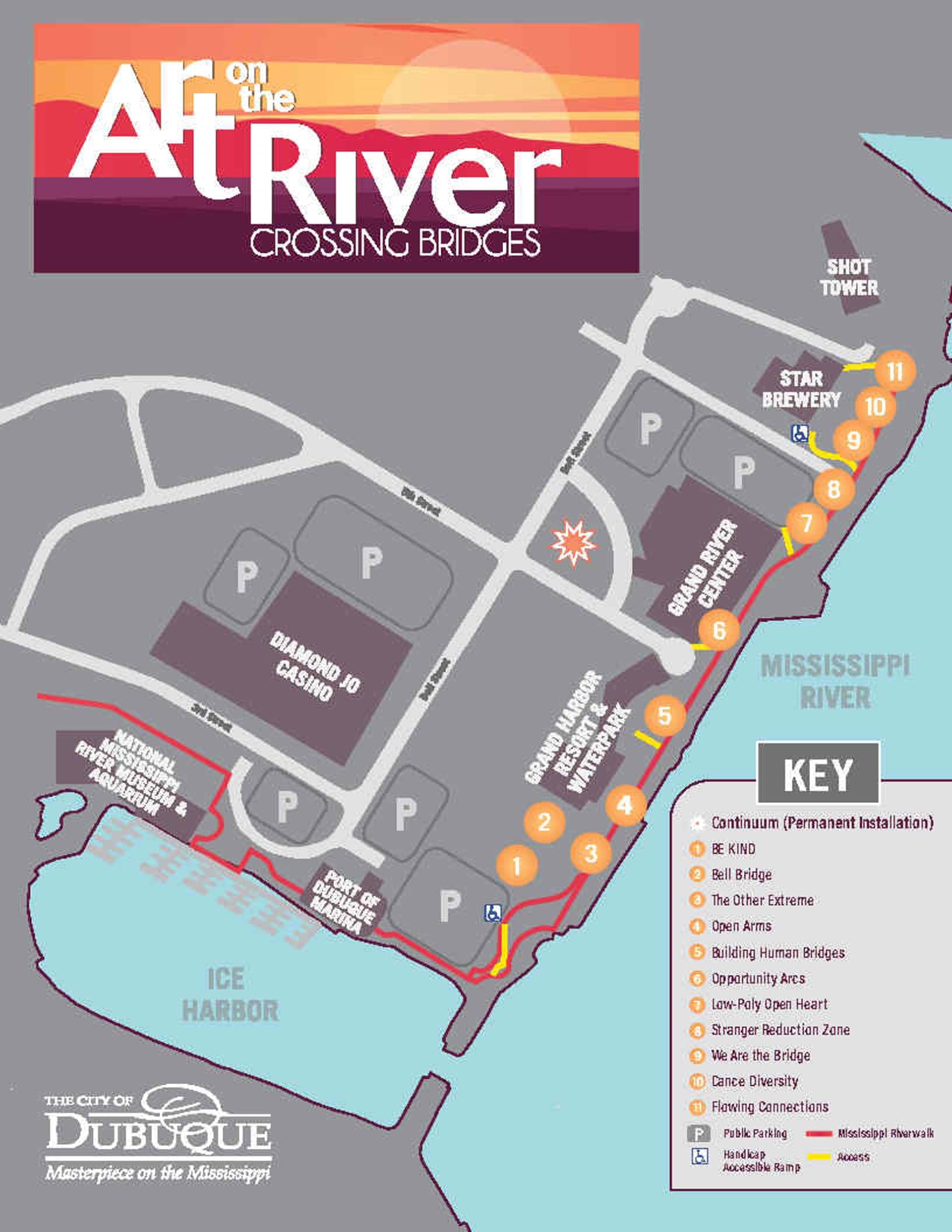 Map of 2022-23 Art on the River sculpture locations.