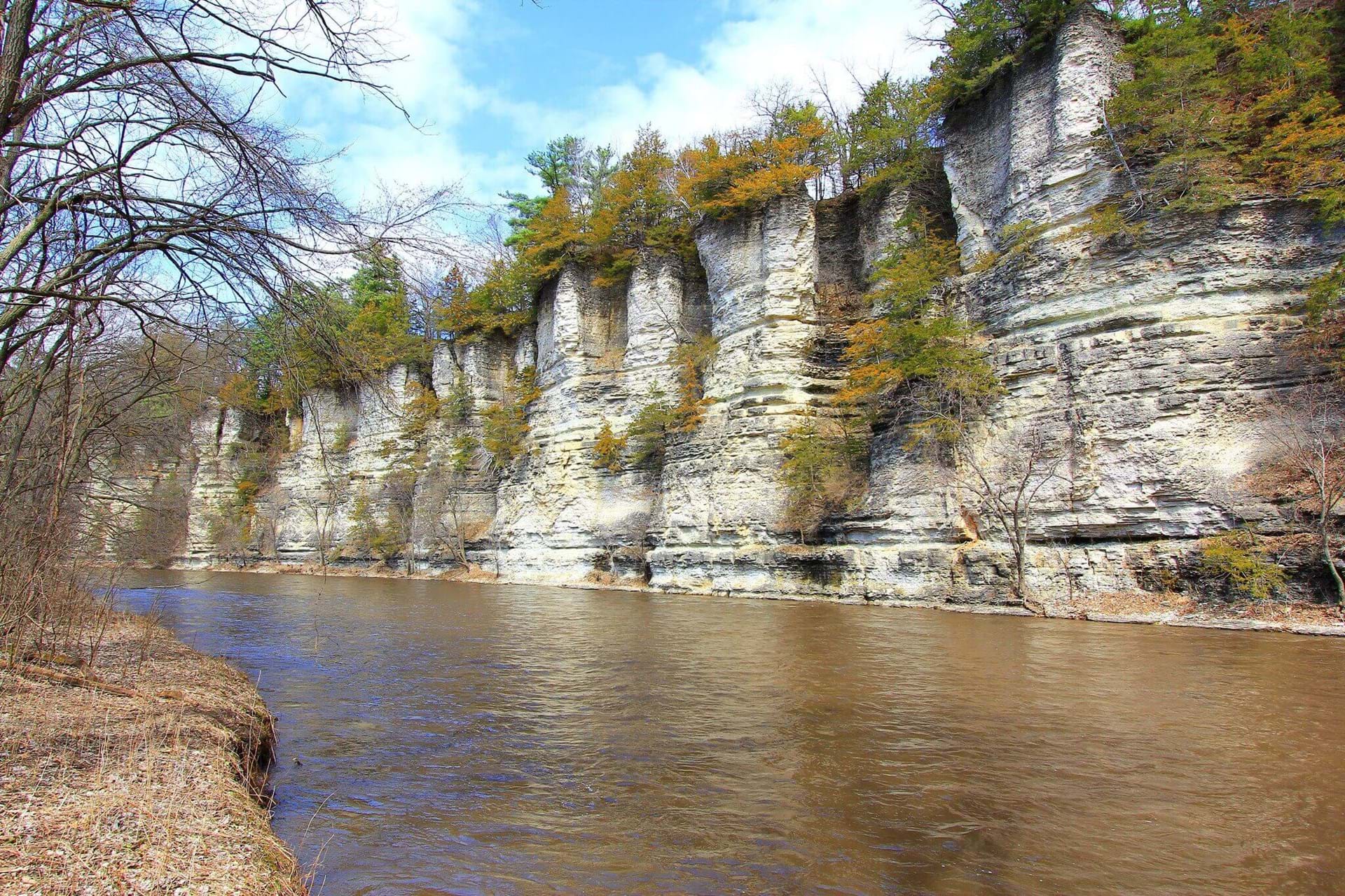 The limestone bluffs of the park overlooking the Upper Iowa river