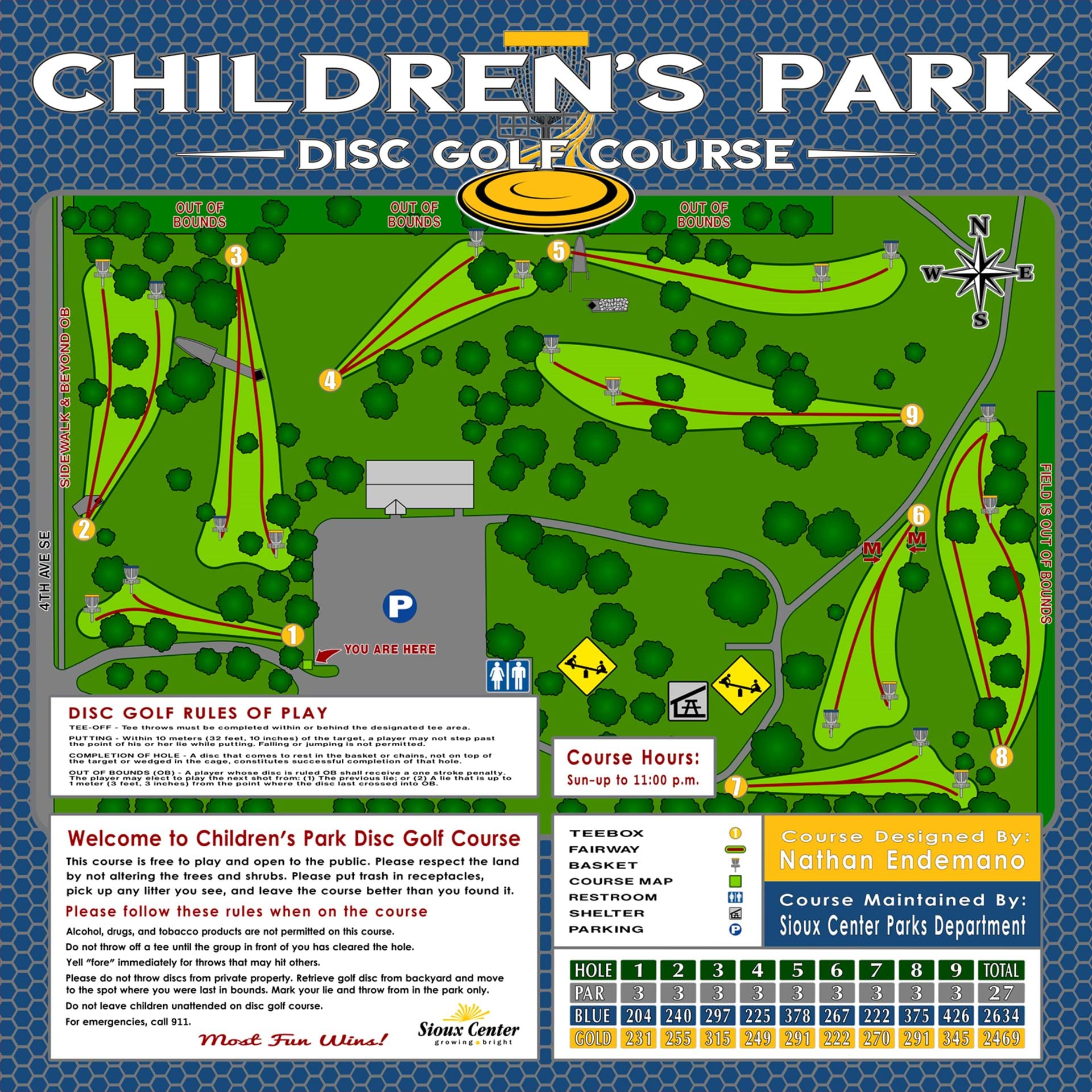 The course offers 18 holes with 9 paved tee boxes.