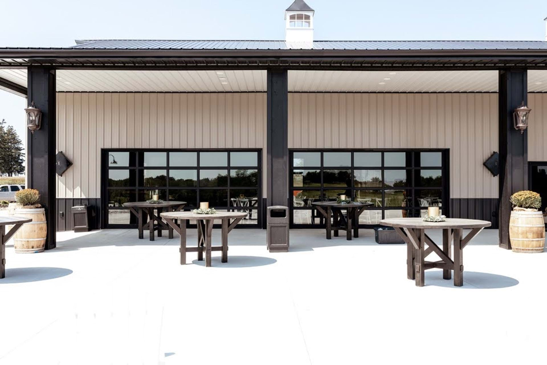 Outdoor patio and glass garage doors