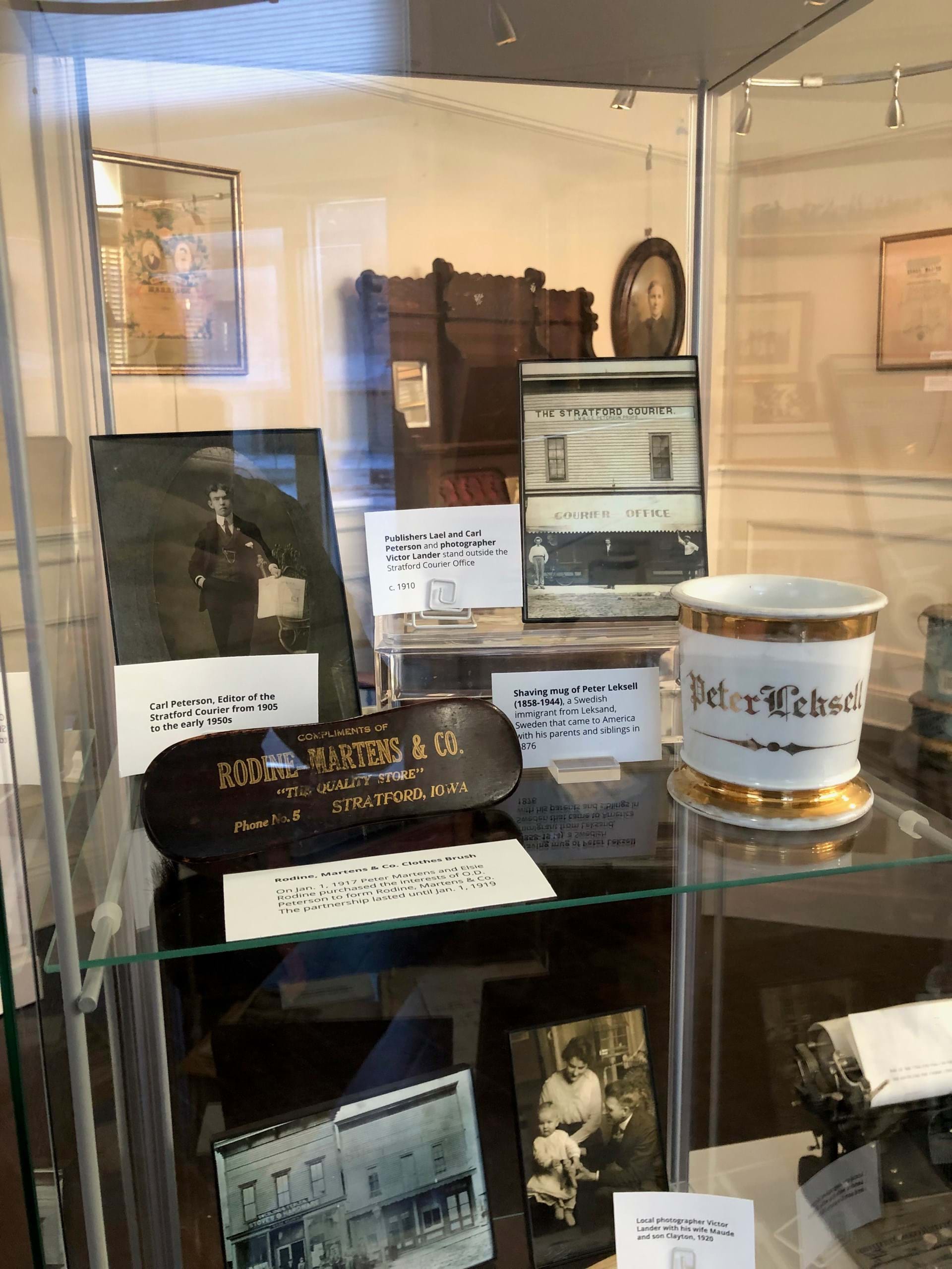 Artifacts highlighting various early businesses in Stratford, Iowa