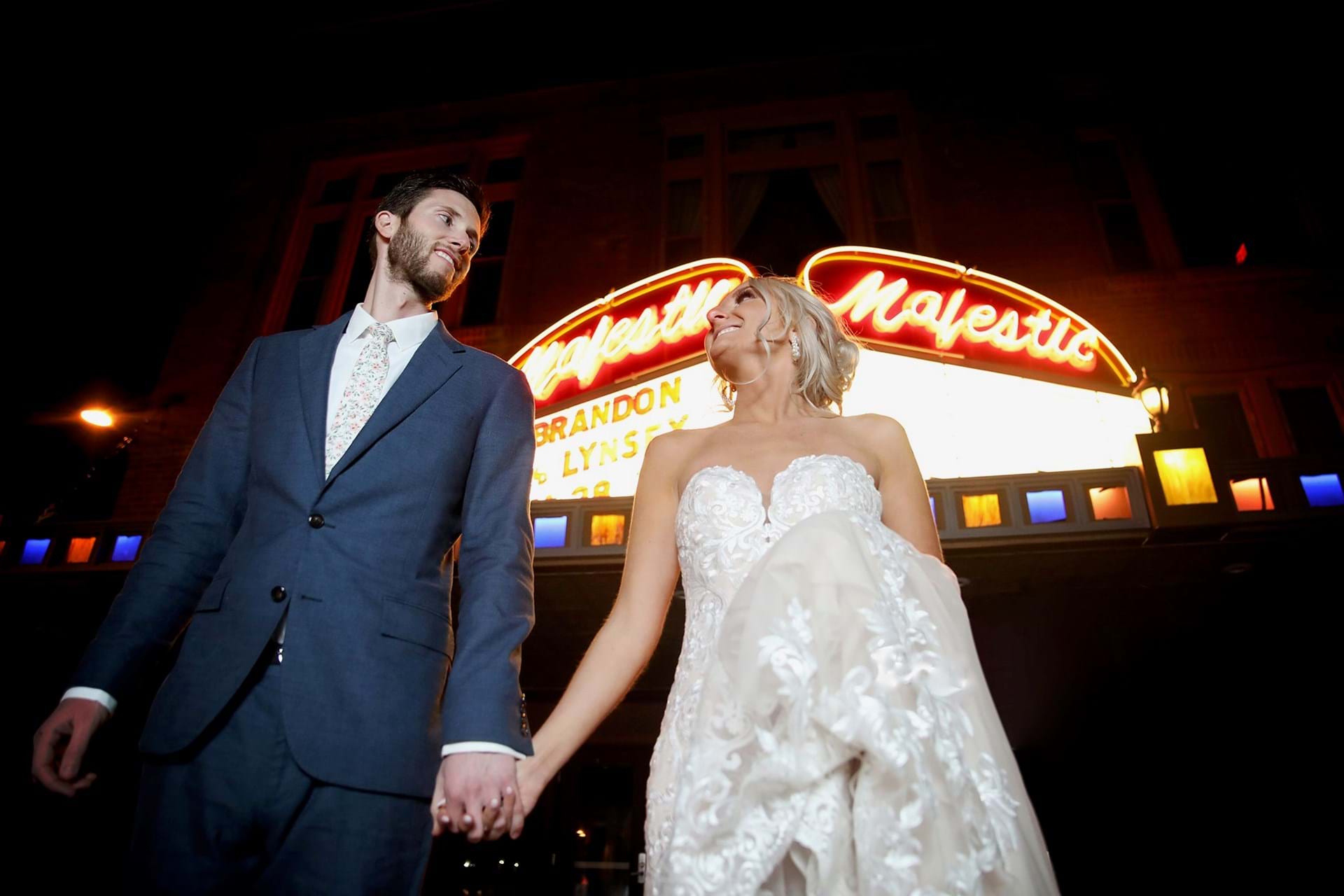 At The Majestic Theater, couples can enjoy seeing a custom marquee message in lights for their big event.