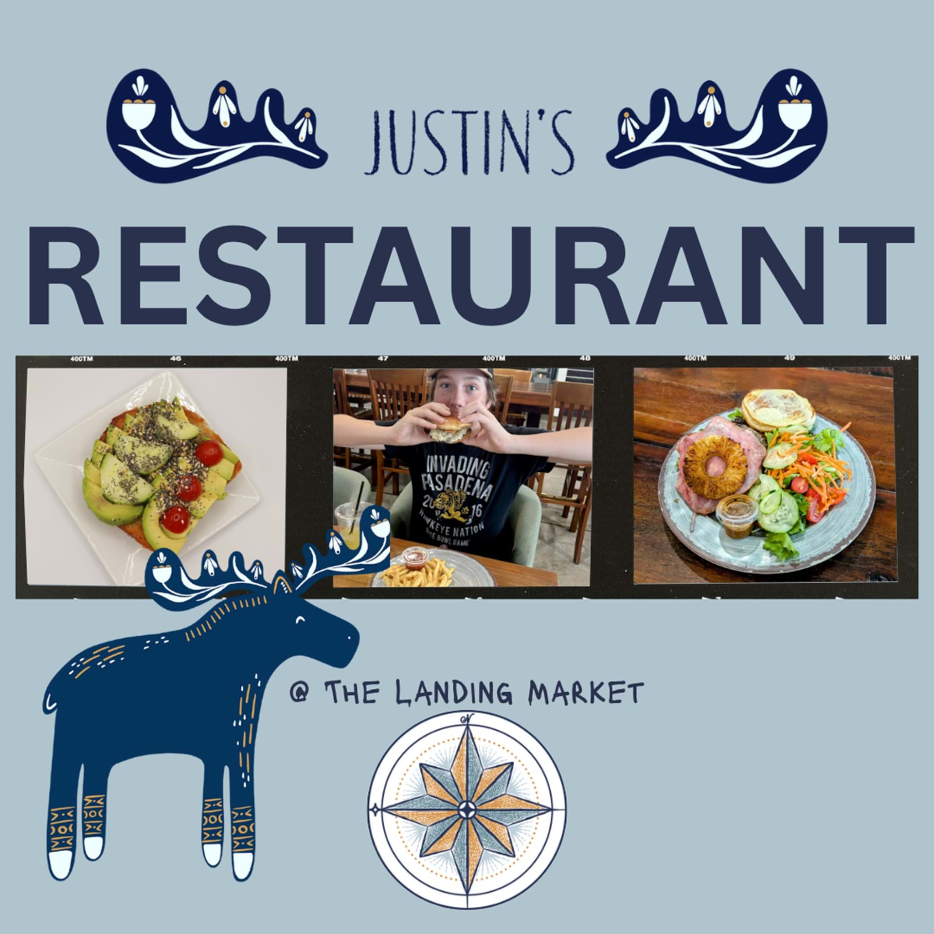 Justin's restaurant offers breakfast, lunch & dinner, using local sources whenever possible