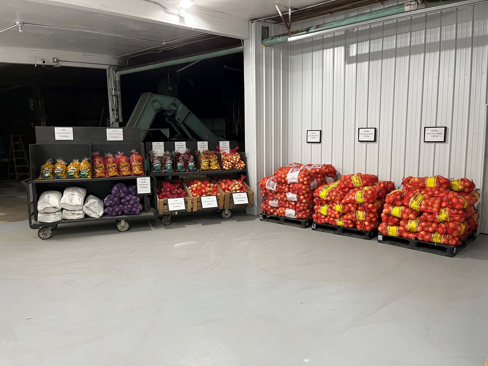 Potatoes and Onions can be purchased direct from our warehouse Oct-June!