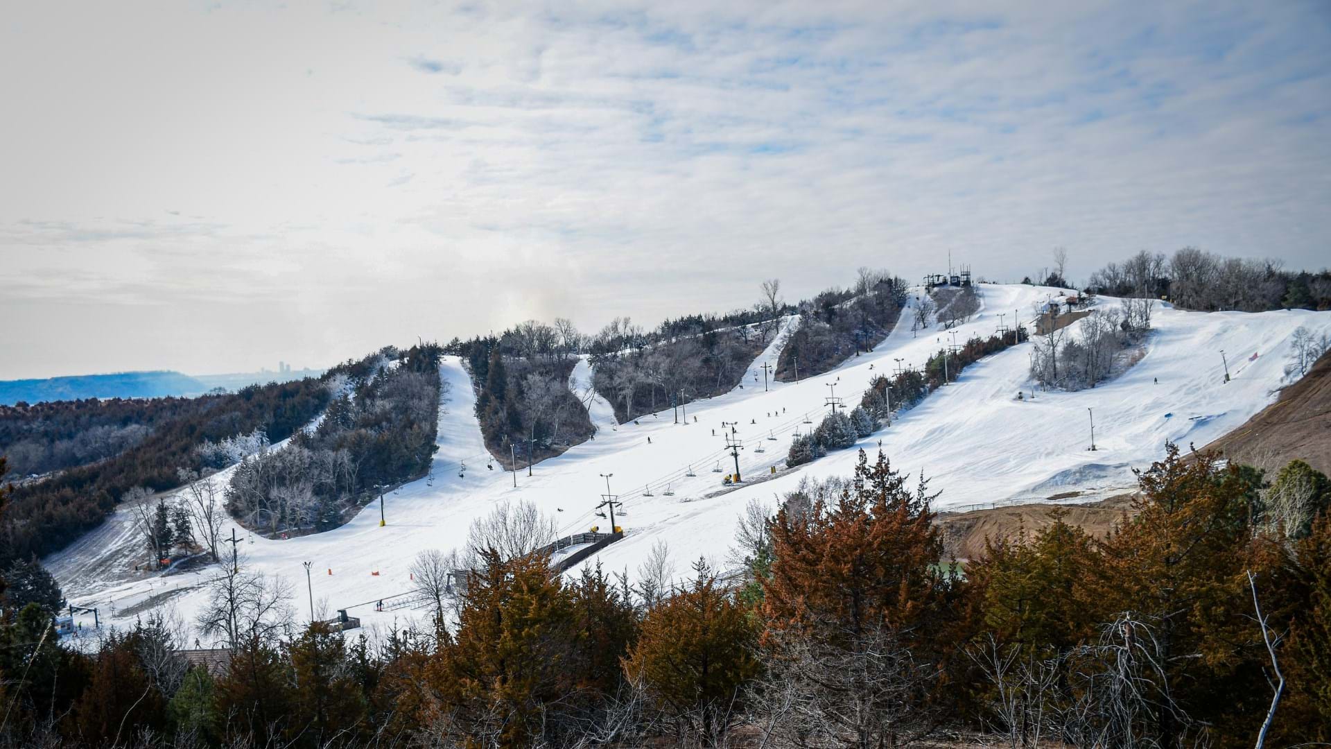 A winter view of the ski area from Lotus Loop Trail.