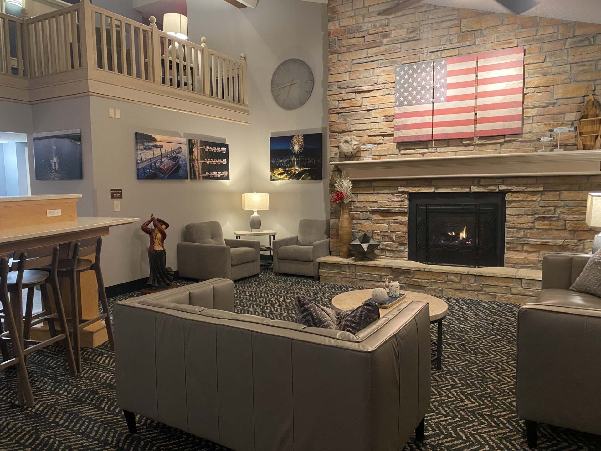 Relaxing lobby with fireplace