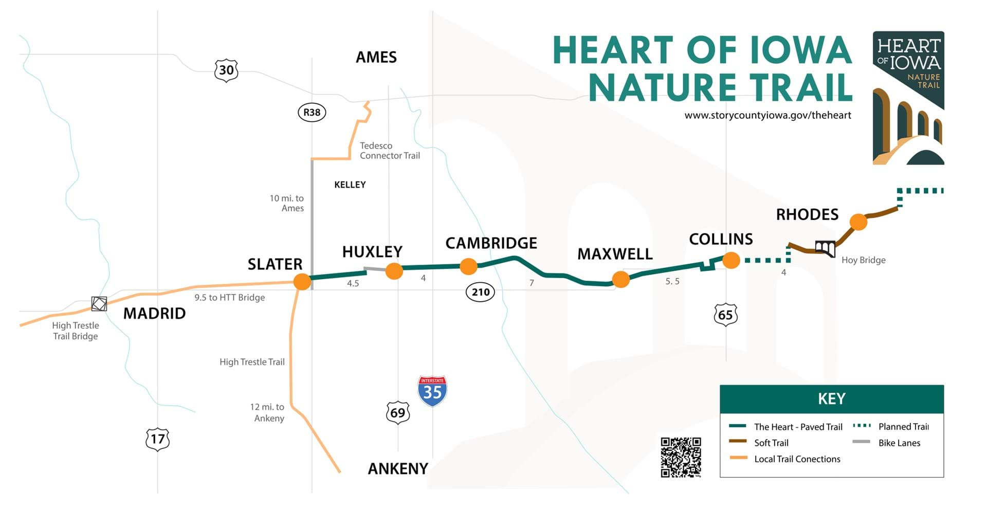 Map of Heart of Iowa Nature Trail, stretching west to east in southern Story County.