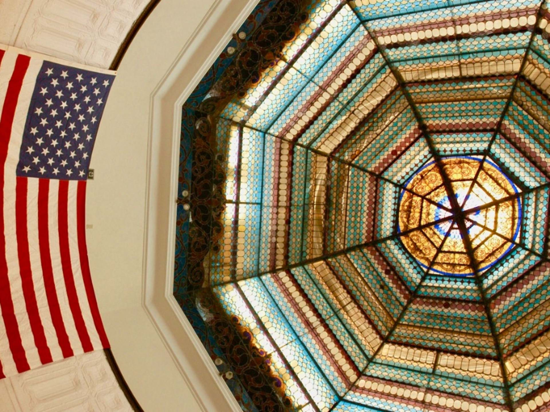 Stained glass dome at Drake Public Library.