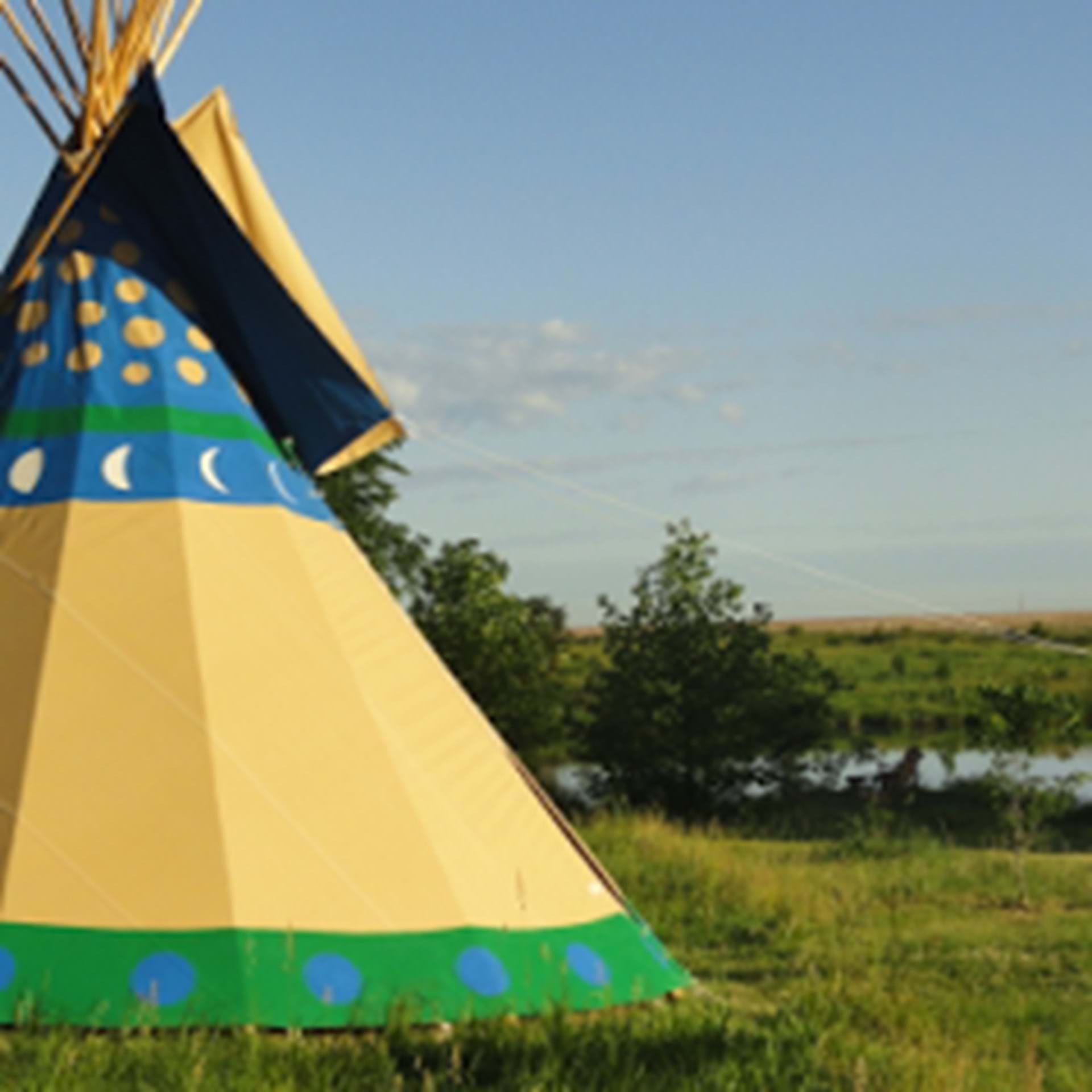 Our tipi sleeps 4-6 comfortably, up to 10 smaller campers.